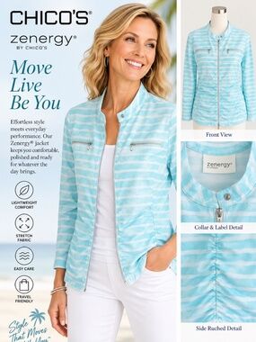 Like New! Chico’s Zenergy Aqua White Stripe Ruched Zip Jacket Size 2 Large